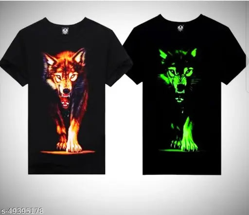 Glow-in-the-dark round neck wolf design cotton T-shirt, short sleeves, radiating under dark conditions, made in India (M: 38in chest, 29.5in length; L: 40in chest, 30.5in length; XL: 42in chest, 31.5in length)