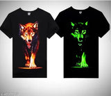 Glow-in-the-dark round neck wolf design cotton T-shirt, short sleeves, radiating under dark conditions, made in India (M: 38in chest, 29.5in length; L: 40in chest, 30.5in length; XL: 42in chest, 31.5in length)