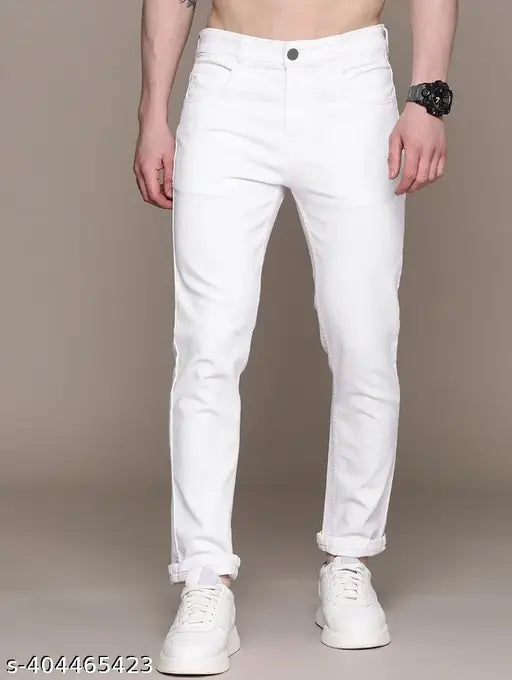Men's slim-fit white cotton blend jeans for casual style and everyday wear #SlimFitJeans #WhiteJeans #MenFashion #CasualStyle