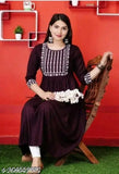 Rayon Anarkali gown with trendy gaithering embroidery, three-quarter sleeves for women, Indian origin