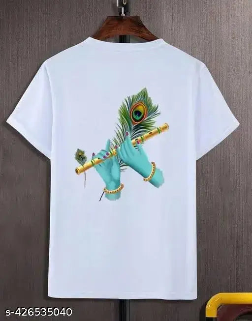 White short sleeve self-design MURLI-Polyester t-shirt, breathable & stylish, quality Indian fabric