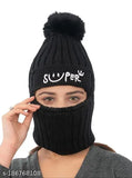 Wool women's winter ski cap with monkey face, snow visor