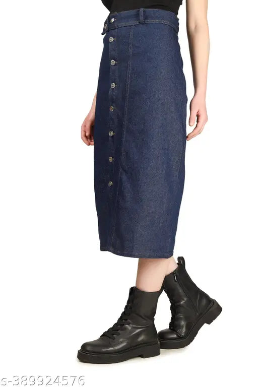 Dark blue denim skirt with button detail, long length