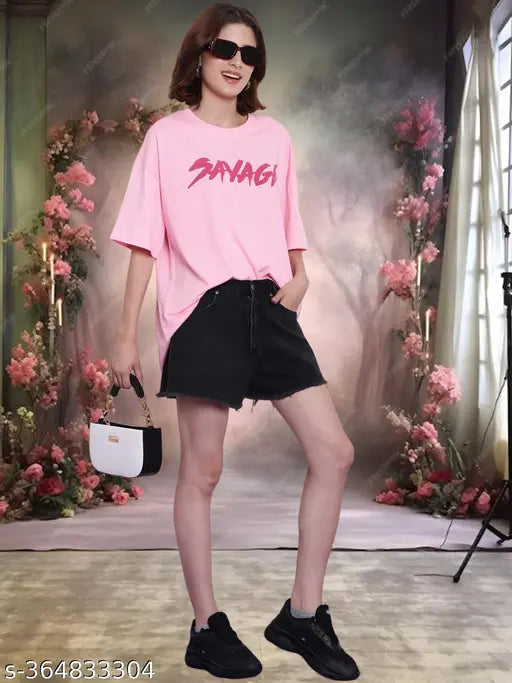 Little zing cotton front and back printed oversized loose fit t-shirt for women