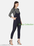 Navy twill dungaree dress with striped top, adjustable shoulder straps, side pockets, and button closure. Women's size: S (Bust 34, Length 52, Waist 28), M (Bust 36, Length 53, Waist 30), L (Bust 38, Length 54, Waist 32), XL (Bust 40, Length 55, Waist 34). Made in India