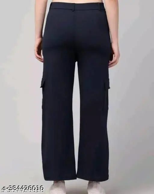 Dark blue high-waisted wide-leg trousers with a zipper fly