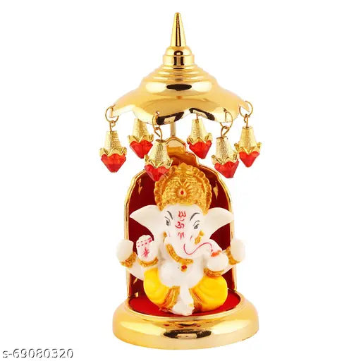 Gold-plated marble Ganesh Idol statue with umbrella stand, used for homes, offices, cars, and small temples (3"x6")