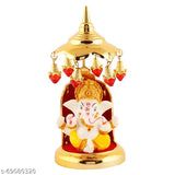 Gold-plated marble Ganesh Idol statue with umbrella stand, used for homes, offices, cars, and small temples (3"x6")