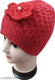 Red knitted beanie with fleece lining and woolen fur inside, for women. Round style with floral detailing