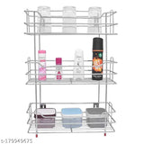 Stainless steel multipurpose storage rack with three shelves, containing various items and a bottle of cleaner