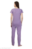 Purple hosiery cotton printed half-sleeve nightsuit top and pyjama set for women, ideal for sleepwear and loungewear. Relaxed fit with elastic waistbands. Available in sizes M, L, XL, XXL. Made in India