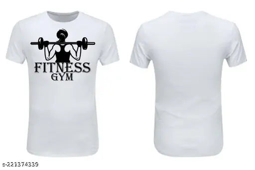 White polyester gym t-shirt with sublimation printing, round neck, short sleeves for fitness and workout