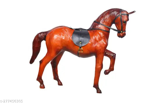 Brown leather Shivaji Horse showpiece, 12-inch premium decorative animal figurine for home, perfect for child's education and naturalistic learning