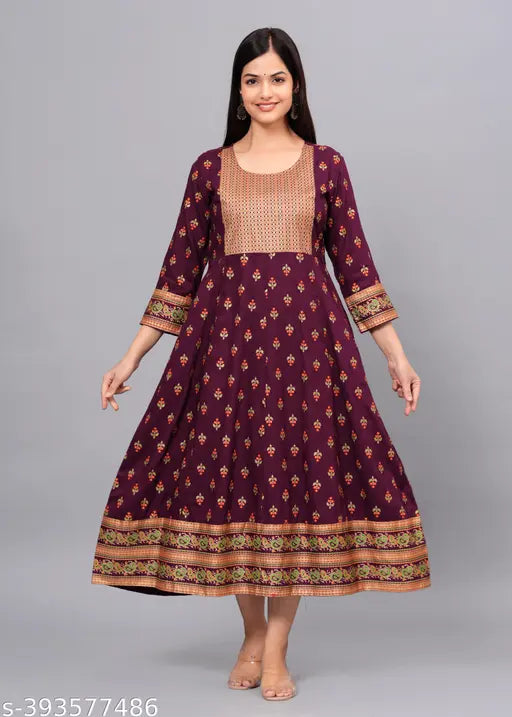 Burgundy printed anarkali kurta, long sleeves, tunic style, women's wear