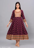 Burgundy printed anarkali kurta, long sleeves, tunic style, women's wear