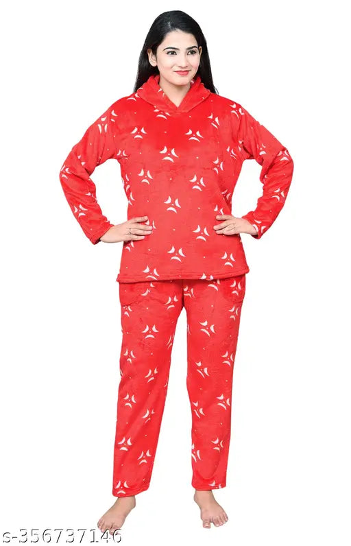 Wool blend funky printed night suit, soft velvet pyjamas for women & girls, Indian-origin winter fur wear