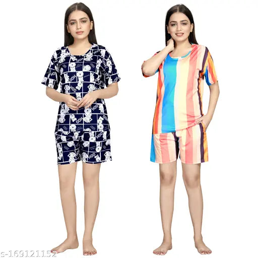 Women's striped polycotton night suit set - soft & comfortable sleepwear with elastic waist and side pockets, ideal for lounging at home, India-made