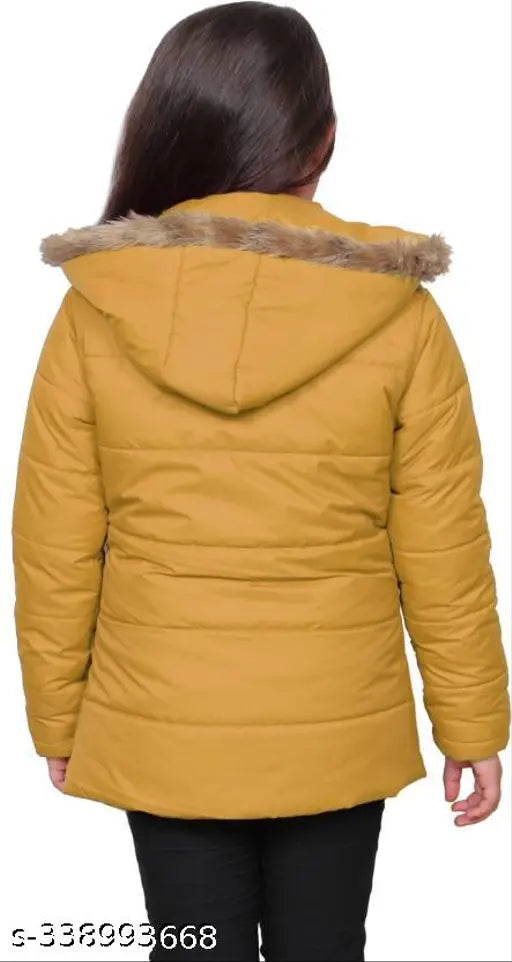 Bright yellow hooded jacket with fur lining and drawstrings
