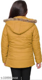 Bright yellow hooded jacket with fur lining and drawstrings