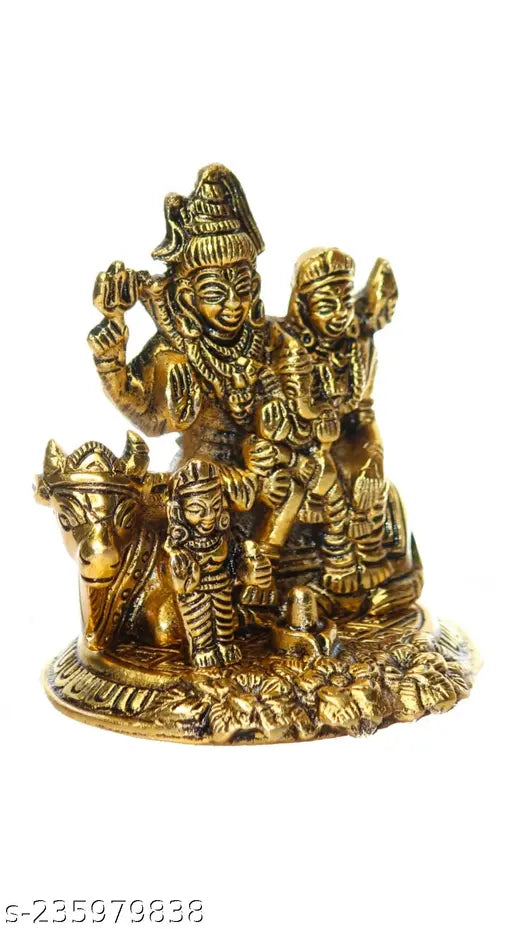 Golden Shiva family idol set with Lord Shiva, Ganesha, Nandi, and Kartikeya on a base
