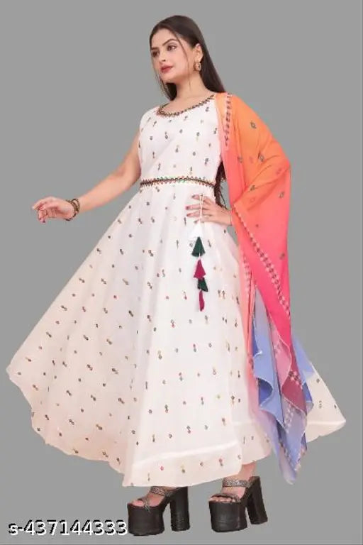 Sleeveless printed Georgette Chanderi cotton gown & dupatta, high-quality breathable women's kurti for college and office life, India