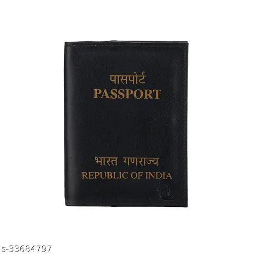 Black PU leather travel organiser, passport holder with one compartment for men and women, measures 10cm x 14cm, designed with fine faux leather, ideal for international travels