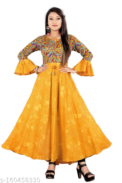 Yellow embroidered kurta with bell-shaped hem and umbrella sleeves