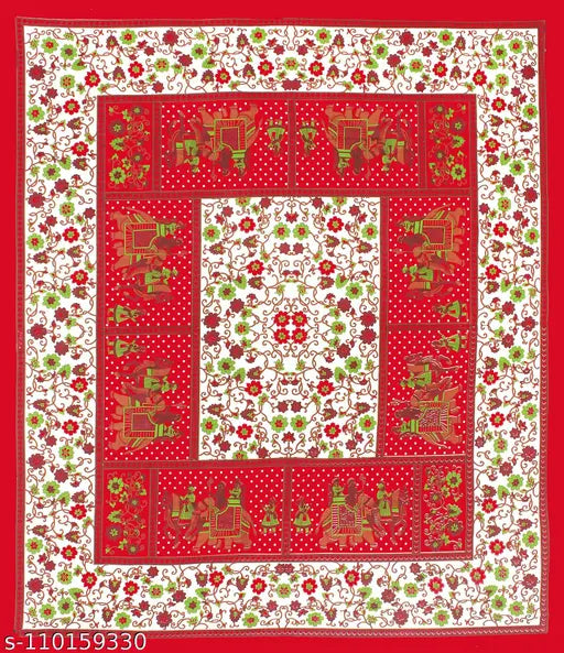 Cotton Jaipuri Printed Bedsheet, red with 2 pillow covers, ideal for summer
