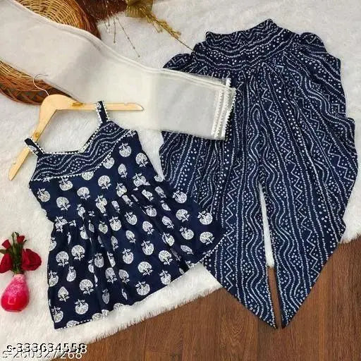 Printed cotton kurta set with dupatta and dhoti for kids, sleeveless lace work design in net fabric, 8-9 years size, Indian origin