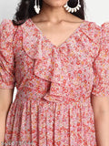Pristino pink floral print chiffon vneck tiered dress for women, printed heavy georgette with full inner, digital print, machine wash warm