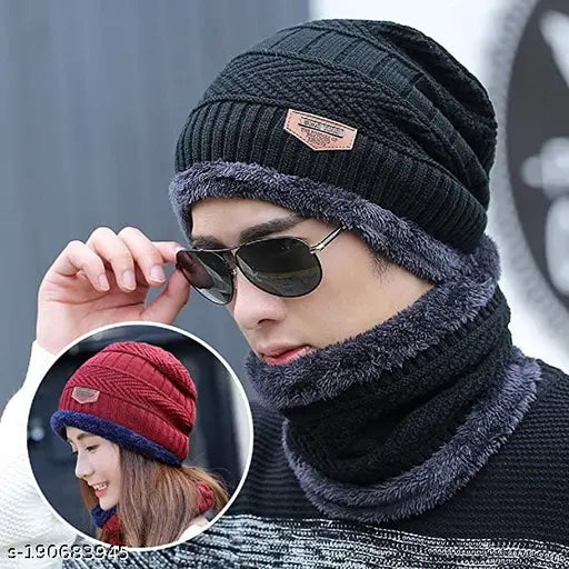 Trendy fur-patterned unisex winter cap with neck scarf. Soft, warm, and comfortable acrylic knit cap set, ideal for cold weather activities