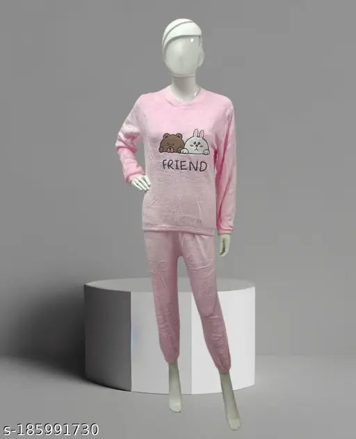 Women's winter woolen blend fleece fur velvet night suit top with elastic pyjama set in sizes M, L, XL, 2XL. Velvet top, acrylic bottom, short sleeves. Printed pattern. Perfect for chilly nights