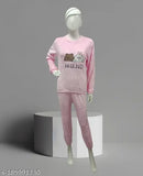 Women's winter woolen blend fleece fur velvet night suit top with elastic pyjama set in sizes M, L, XL, 2XL. Velvet top, acrylic bottom, short sleeves. Printed pattern. Perfect for chilly nights