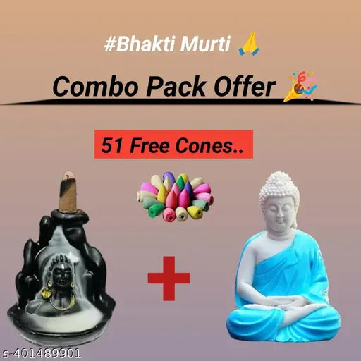 14cm multicolor Bhakti Murti Combo, handmade polyresin Buddha & Adiyogi figurines with 51 incense cones