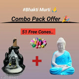 14cm multicolor Bhakti Murti Combo, handmade polyresin Buddha & Adiyogi figurines with 51 incense cones