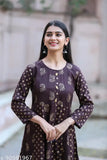 Rayon gold printed designer contrast print Anarkali kurtis, three-quarter sleeves, brown color for women, India origin