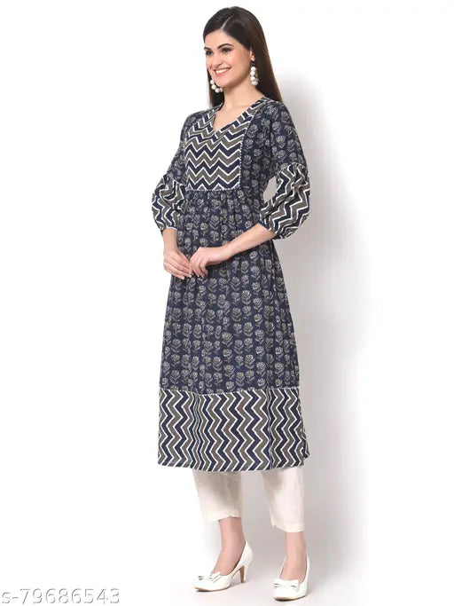 Sawariya Blue Women's Embroidered Printed Crepe Flared Anarkali Kurti, cotton three-quarter sleeves, casual and office wear, India origin
