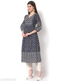 Sawariya Blue Women's Embroidered Printed Crepe Flared Anarkali Kurti, cotton three-quarter sleeves, casual and office wear, India origin