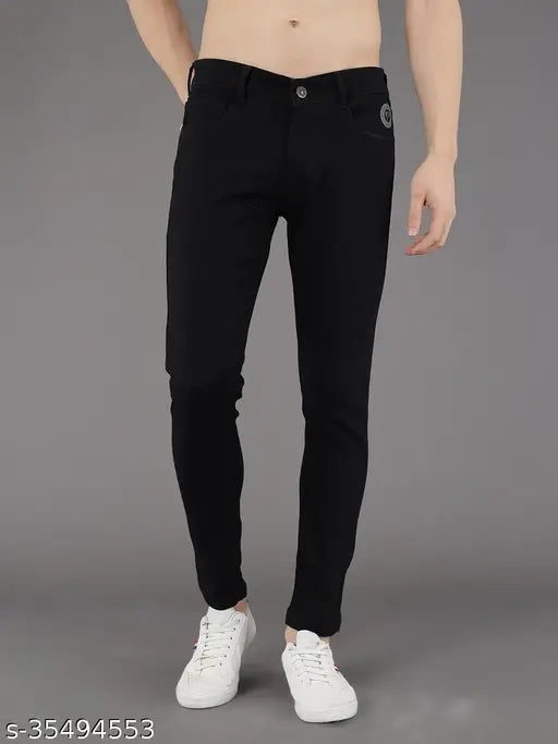 Black denim slim fit jeans for men by PODGE (PGMJ-016), durable and stretchable fabric, comfortable pockets