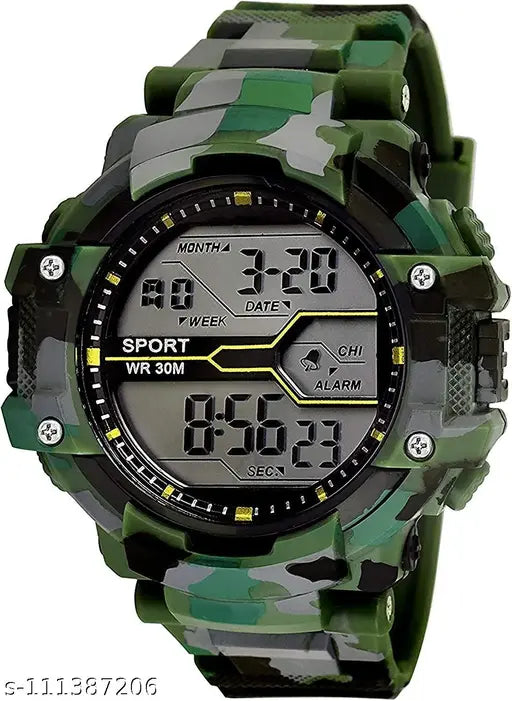 White digital sports watch with multifunctional features, green camouflage design