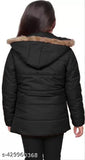 Black jacket with fur hood, zip front closure, girls casual style