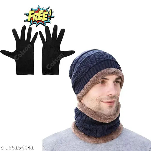 Woolen cap, balaclava, neck warmer, cotton gloves combo pack - solid wool winter wear from India