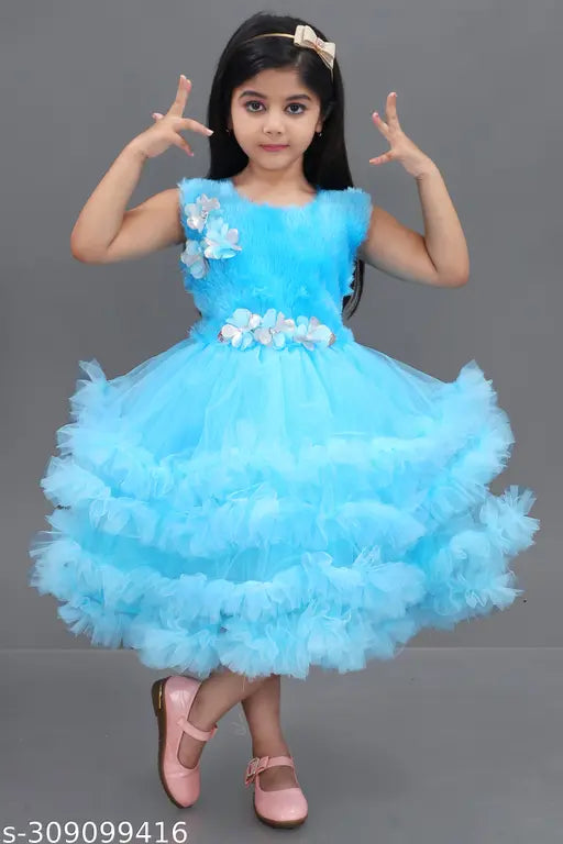 Embellished net, sleeveless dress - fit & flare style for kids. Printed design, premium satin material, perfect for parties and events