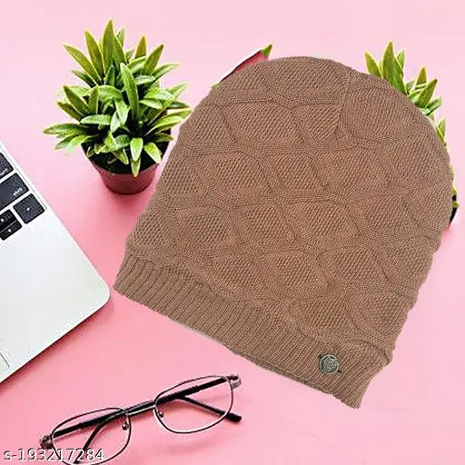 Brown woolen skull cap, trendy & stylish winter beanie for men and girls, featuring a checked pattern from the brand Gajraj known for quirky, whimsical designs in clothing accessories