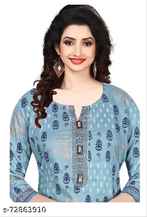 Designer women's rayon kurti pant set with three-quarter sleeves, printed net pattern, available in sizes M, L, XL, XXL. Made in India