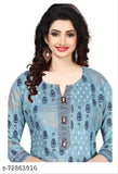 Designer women's rayon kurti pant set with three-quarter sleeves, printed net pattern, available in sizes M, L, XL, XXL. Made in India