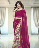 Georgette pink lace border saree with a plain beige blouse