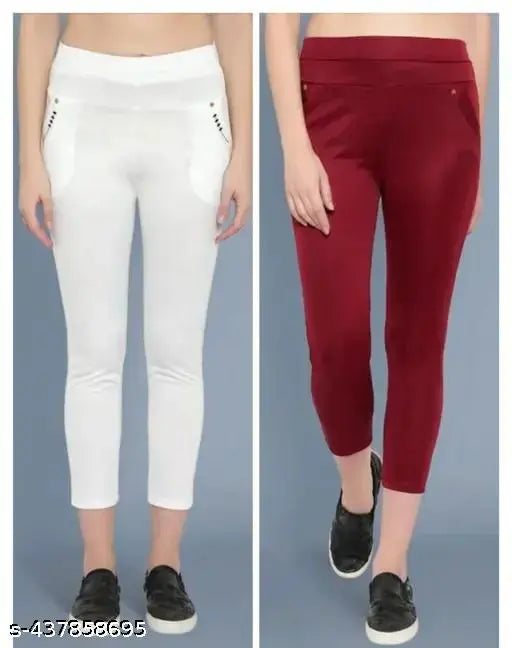 Maroon White Lycra Jeggings combo pack, stylish workwear with a checked pattern and practical pockets for women on display