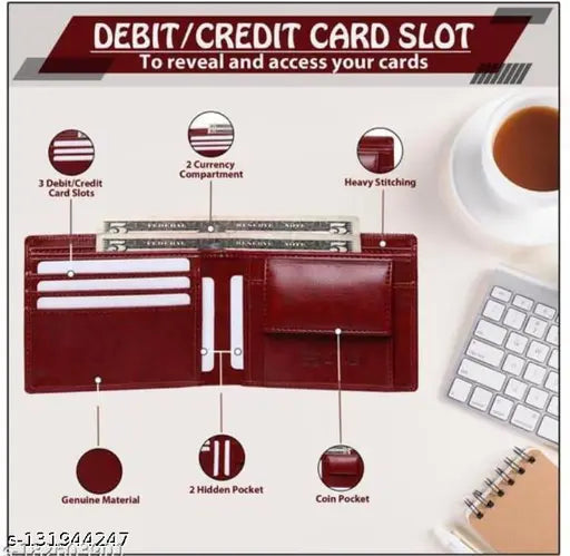 Red faux leather HRF STAR men's wallet, 5 card slots, free size (8cm x 10cm)