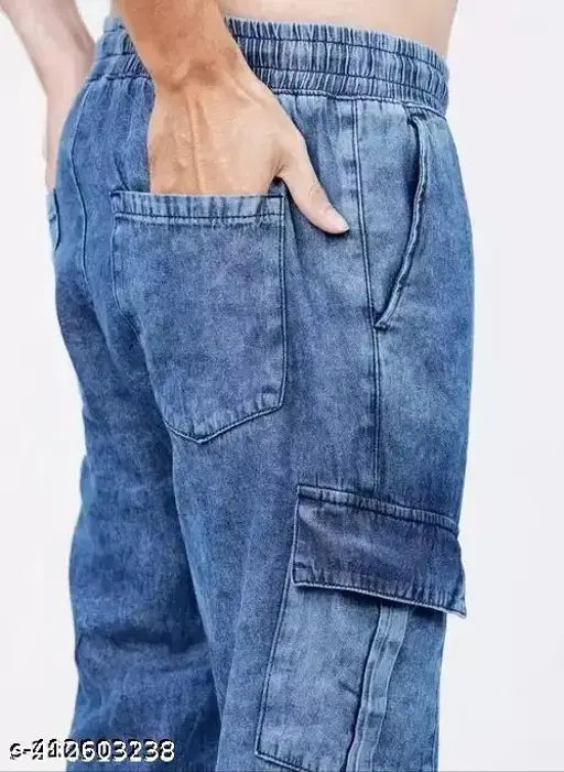 Navy denim men's cargo joggers by A Trend - high-quality stretch fabric, latest fashion for men in sizes 28, 30